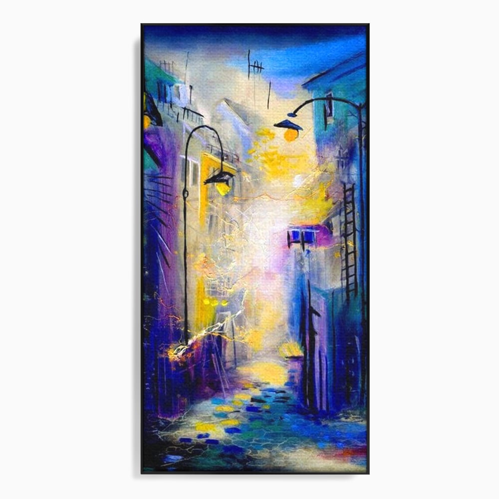 Tablou canvas cu pictura stradala cu iluminat nocturn, in rama de aluminiu negru